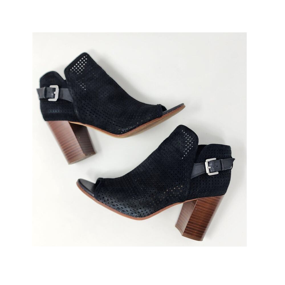 Sam Edelman Easton Bootie Women 9M Black Suede Perforated Stacked Heel Peep Toe
